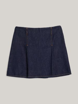 blauw denim mini-rok met plooien en embleem voor dames - tommy hilfiger