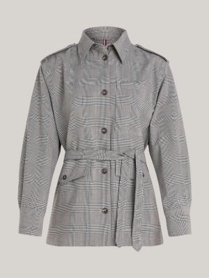 grey prince of wales check belted blazer jacket for women tommy hilfiger