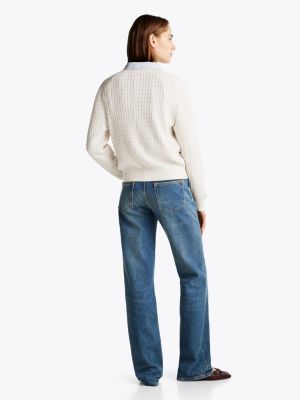 white cable knit crew neck cardigan for women tommy hilfiger