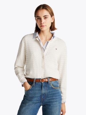 white cable knit crew neck cardigan for women tommy hilfiger