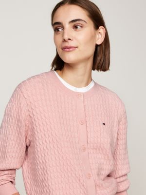 Cable Knit Crew Neck Cardigan | Pink | Tommy Hilfiger