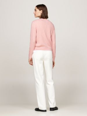 pink cable knit crew neck cardigan for women tommy hilfiger