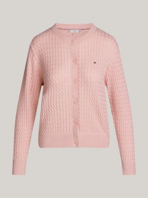 pink cable knit crew neck cardigan for women tommy hilfiger