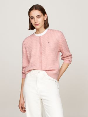 pink cable knit crew neck cardigan for women tommy hilfiger