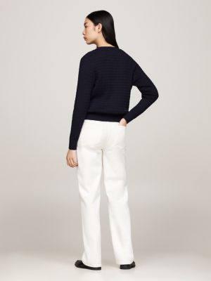 blue cable knit crew neck cardigan for women tommy hilfiger