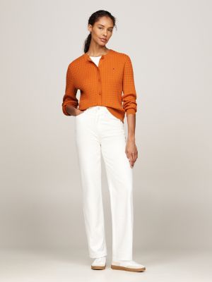 orange cable knit crew neck cardigan for women tommy hilfiger