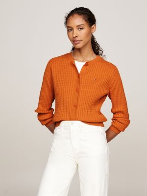 orange cable knit crew neck cardigan for women tommy hilfiger