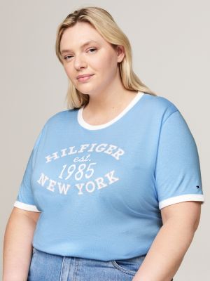 t-shirt varsity curve con bordi a contrasto blu da donne tommy hilfiger