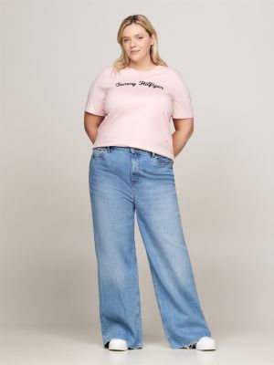 t-shirt curve con logo in corsivo ricamato rosa da donne tommy hilfiger