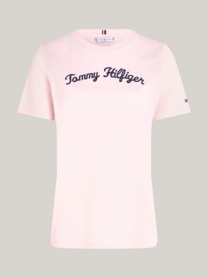 t-shirt curve con logo in corsivo ricamato rosa da donne tommy hilfiger