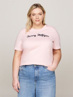 t-shirt curve con logo in corsivo ricamato rosa da donne tommy hilfiger