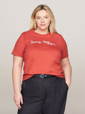 t-shirt curve con logo in corsivo ricamato red da donne tommy hilfiger