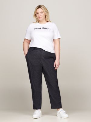 t-shirt curve con logo in corsivo ricamato bianco da donne tommy hilfiger