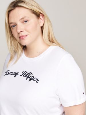 t-shirt curve con logo in corsivo ricamato bianco da donne tommy hilfiger