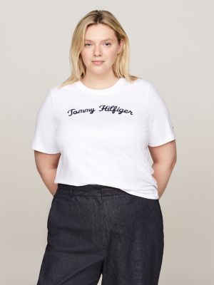 t-shirt curve con logo in corsivo ricamato bianco da donne tommy hilfiger