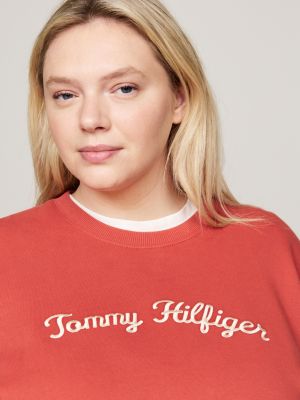 pull curve à col ras-du-cou et logo cursive rouge pour femmes tommy hilfiger