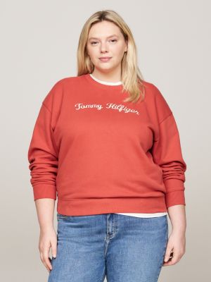 pull curve à col ras-du-cou et logo cursive rouge pour femmes tommy hilfiger