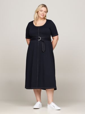 Curve midi jurk met diepe hals en tailleriem Blauw Tommy Hilfiger