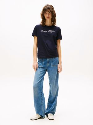 blauw t-shirt met scriptlogo voor dames - tommy hilfiger