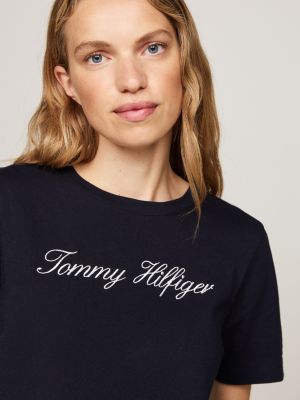 blauw t-shirt met scriptlogo voor dames - tommy hilfiger