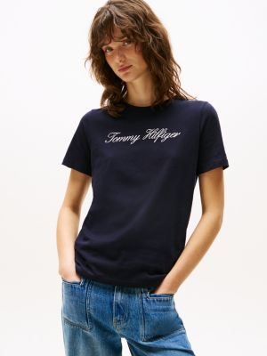 blue t-shirt met scriptlogo voor dames - tommy hilfiger