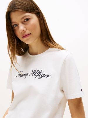 camiseta con logo en fuente script blanco de mujeres tommy hilfiger