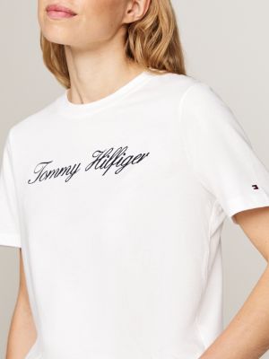 camiseta con logo en fuente script blanco de mujeres tommy hilfiger