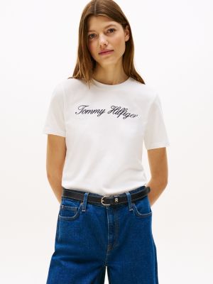 t-shirt con logo in corsivo white da donne tommy hilfiger