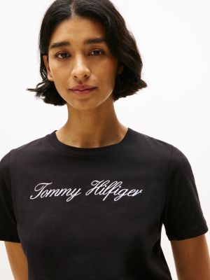 zwart t-shirt met scriptlogo voor dames - tommy hilfiger