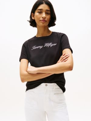 t-shirt à logo cursive black pour femmes tommy hilfiger