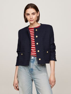 blue tweed jacket with metallic thread for women tommy hilfiger