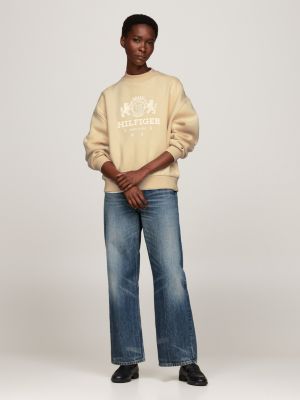 beige relaxed fit sweatshirt mit logo-stickerei für damen - tommy hilfiger