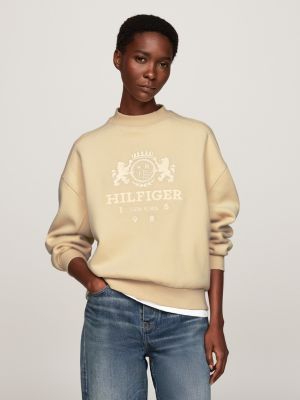 beige relaxed fit sweatshirt mit logo-stickerei für damen - tommy hilfiger