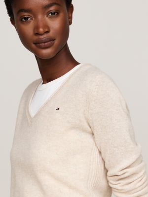 beige pure wool v-neck jumper for women tommy hilfiger