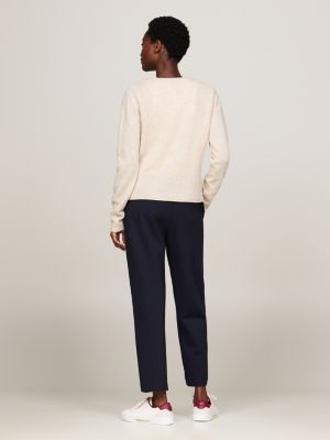 pull en pure laine à col en v beige pour femmes tommy hilfiger