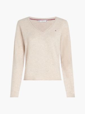 beige pure wool v-neck jumper for women tommy hilfiger