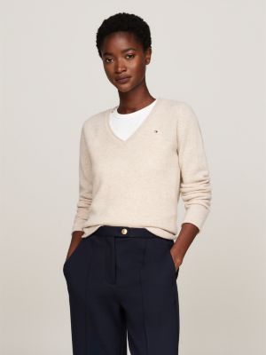 beige pure wool v-neck jumper for women tommy hilfiger