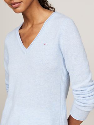 blau pullover aus reiner wolle mit v-ausschnitt für damen - tommy hilfiger