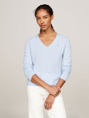 blau pullover aus reiner wolle mit v-ausschnitt für damen - tommy hilfiger