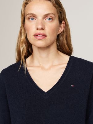 blau pullover aus reiner wolle mit v-ausschnitt für damen - tommy hilfiger