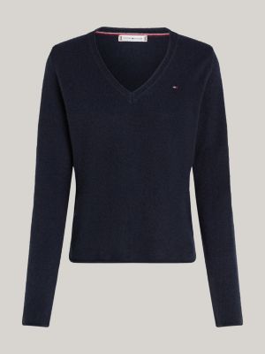 blauw wollen trui met v-hals voor dames - tommy hilfiger