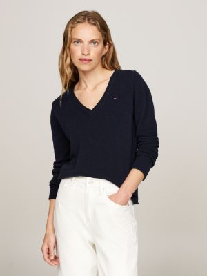 blue pure wool v-neck jumper for women tommy hilfiger