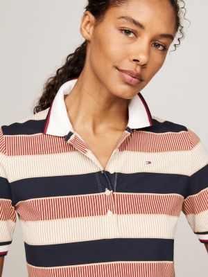 beige regular fit polo met signature-streepprint voor dames - tommy hilfiger