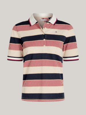 beige regular fit polo met signature-streepprint voor dames - tommy hilfiger