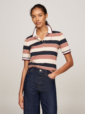 beige regular global stripe print polo shirt for women tommy hilfiger