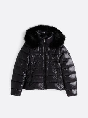 black faux fur trim down jacket for women tommy hilfiger