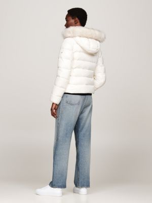 white faux fur trim down jacket for women tommy hilfiger