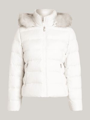 white faux fur trim down jacket for women tommy hilfiger