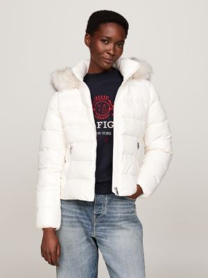 Faux Fur Trim Down Jacket White Tommy Hilfiger