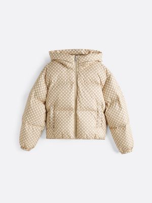 beige puffer-jacke mit tommy-print für damen - tommy hilfiger